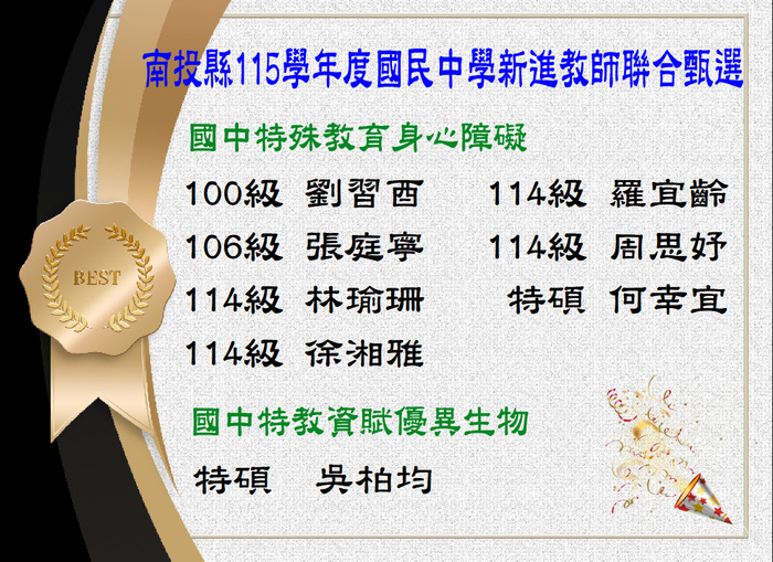 賀！恭喜林瑜珊等8位同學考取115學年度南投縣國民中學教師甄選圖片