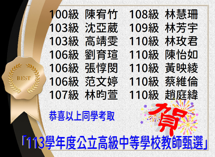 賀！恭喜鄭育淇等27位同學考取113學年度公立高級中等學校教師甄選1