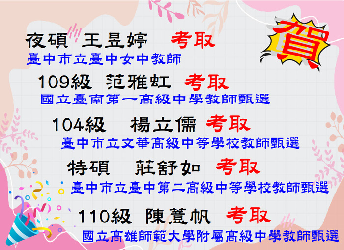賀！恭喜王昱婷、范雅虹、楊立儒、莊舒如、陳薏帆等同學考取教師