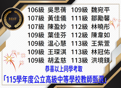 Link to 賀！ 恭喜陳亭梅等28位同學考取115學年度公立高級中等學校教師甄選