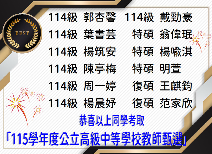 賀！ 恭喜陳亭梅等24位同學考取115學年度公立高級中等學校教師甄選圖片